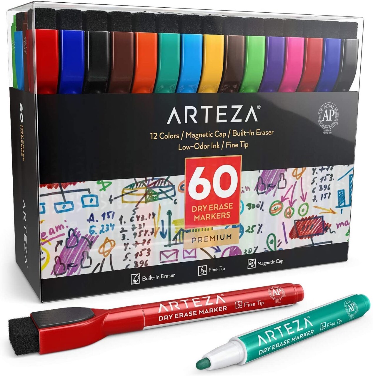 Arteza Dry Erase Markers, Fine Tip, Assorted Colors, for the Classroom,  Office, Home, or School - 60 Pack